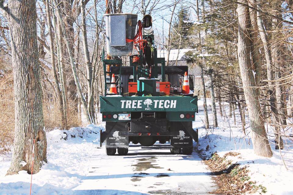 Tree tech service bucket truck driving through a snowy road